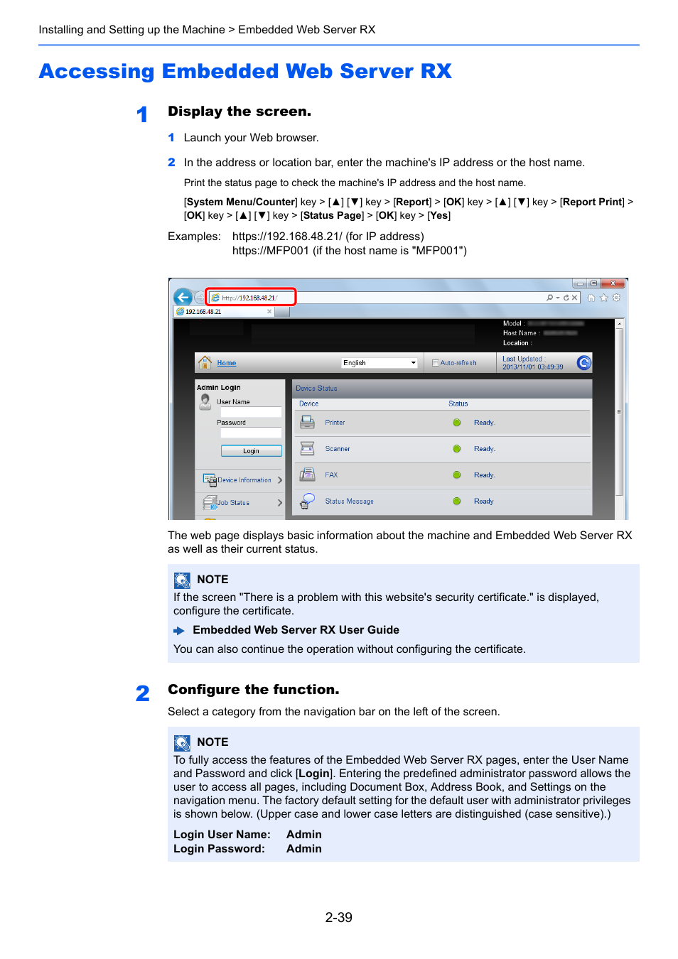 Accessing embedded web server rx, Accessing embedded web server rx -39, Accessing embedded web | Server rx -39 | TA Triumph-Adler P-C3060 MFP User Manual | Page 84 / 409