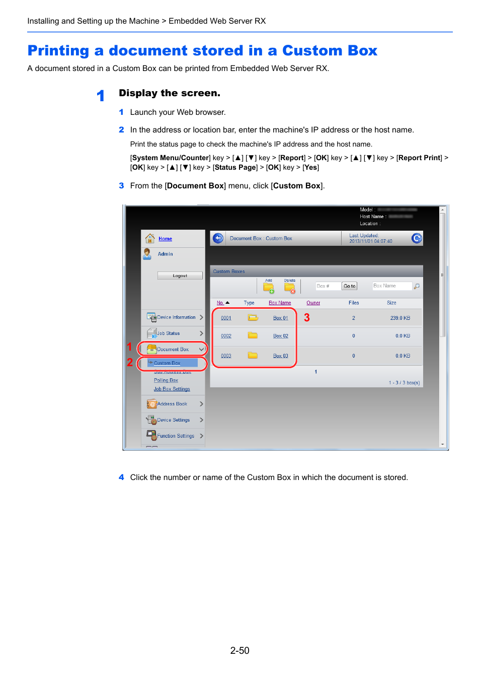 Printing a document stored in a custom box, Printing a document stored in a custom box -50, Printing a document stored in a custom | Box -50 | TA Triumph-Adler P-C3060 MFP User Manual | Page 95 / 409