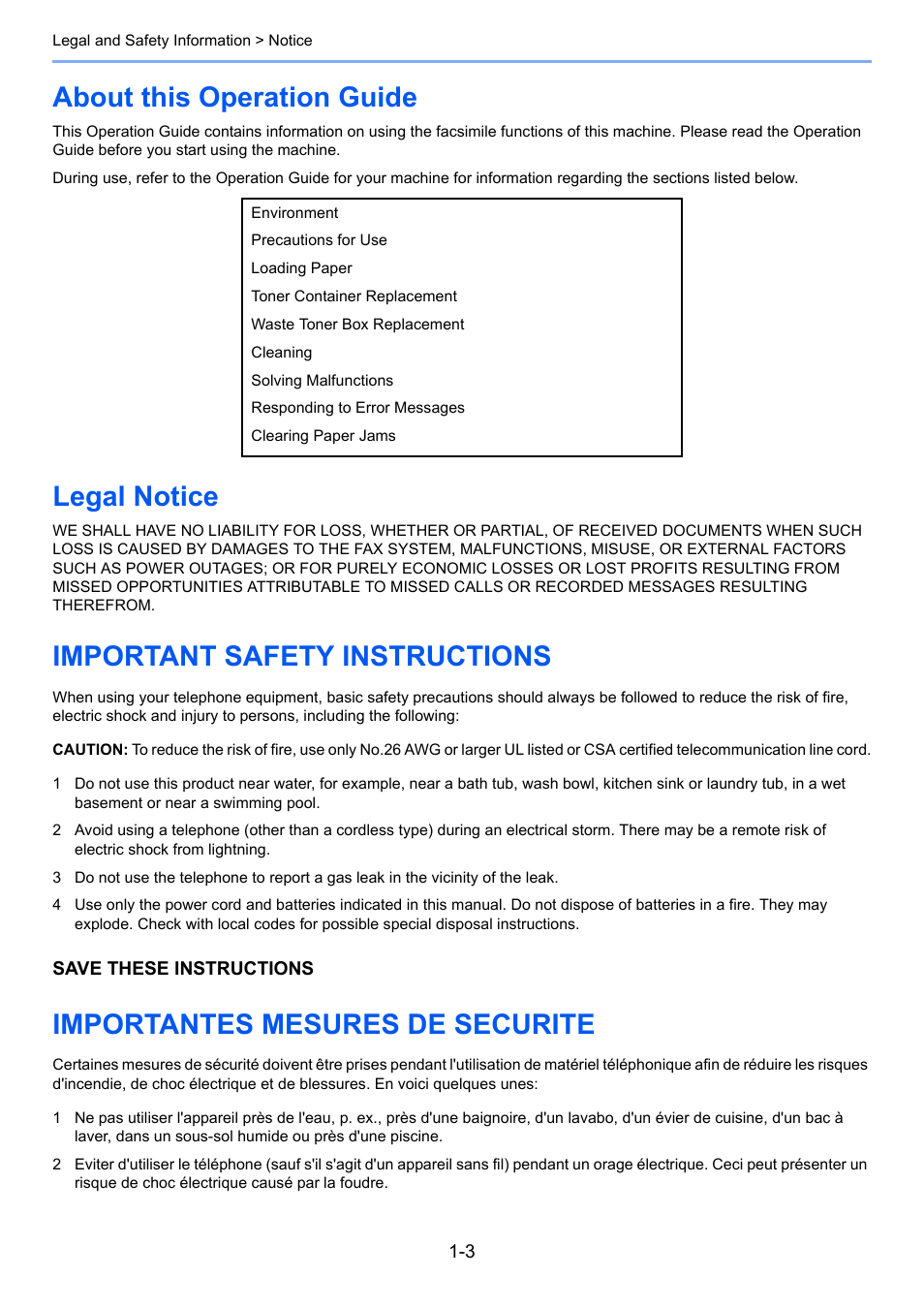 About this operation guide, Legal notice, Important safety instructions | Importantes mesures de securite | TA Triumph-Adler P-C3065 MFP User Manual | Page 11 / 184