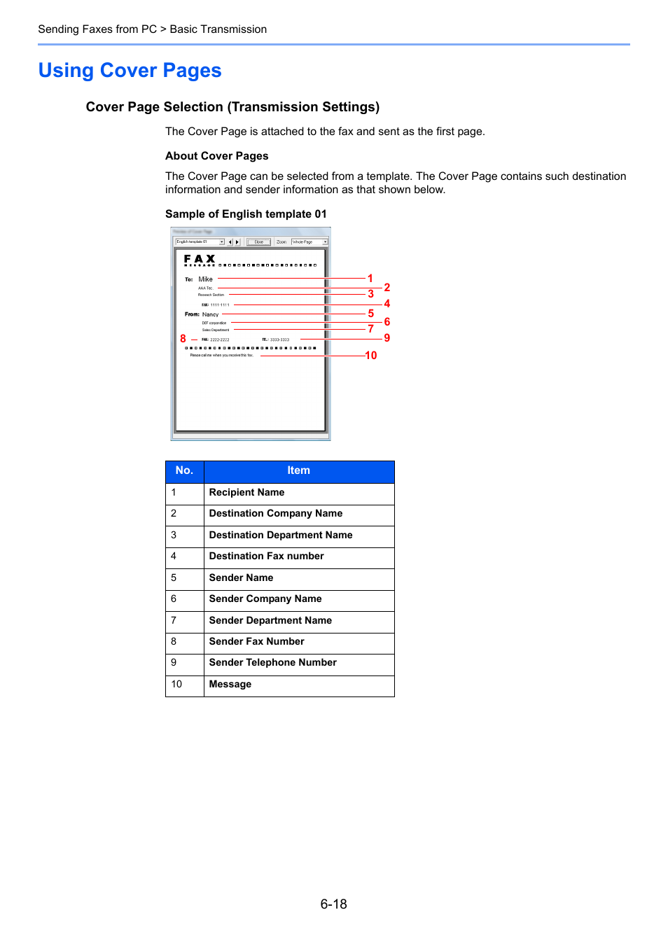 Using cover pages, Cover page selection (transmission settings) | TA Triumph-Adler P-C3065 MFP User Manual | Page 116 / 184