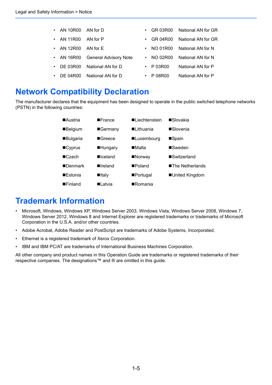 Network compatibility declaration, Trademark information | TA Triumph-Adler P-C3065 MFP User Manual | Page 13 / 184