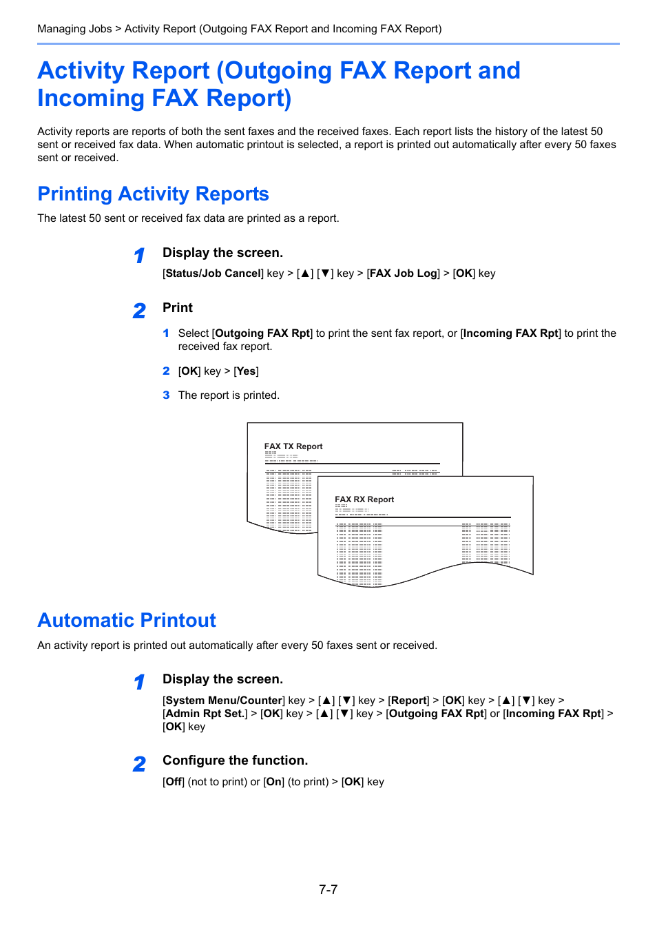Printing activity reports, Automatic printout, Printing activity reports -7 automatic printout -7 | TA Triumph-Adler P-C3065 MFP User Manual | Page 133 / 184