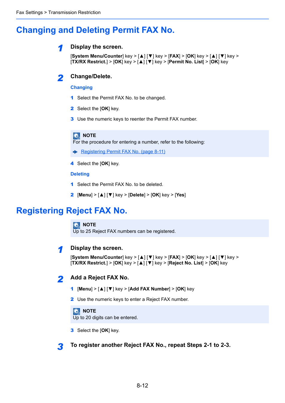 Changing and deleting permit fax no, Registering reject fax no | TA Triumph-Adler P-C3065 MFP User Manual | Page 149 / 184