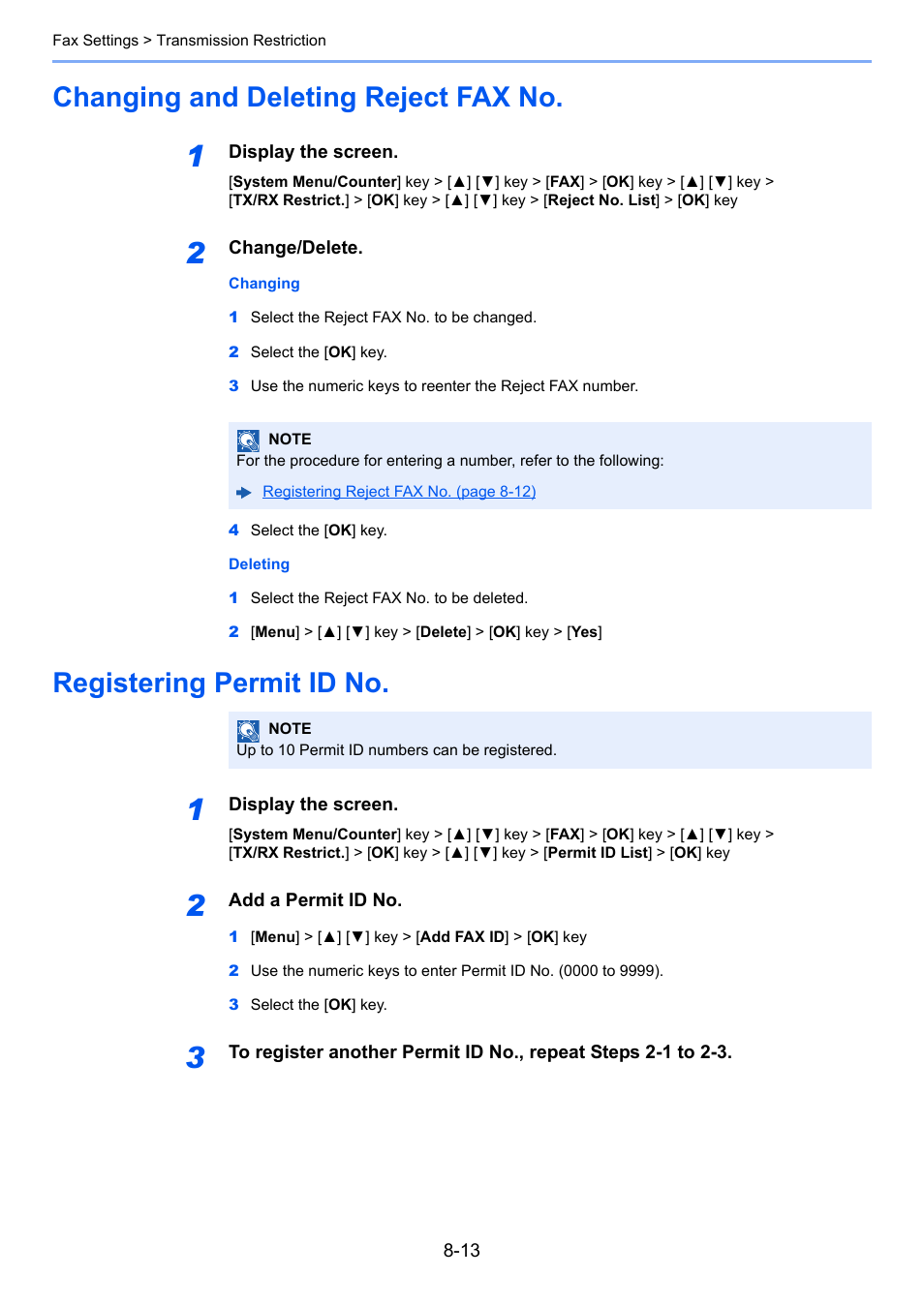 Changing and deleting reject fax no, Registering permit id no | TA Triumph-Adler P-C3065 MFP User Manual | Page 150 / 184