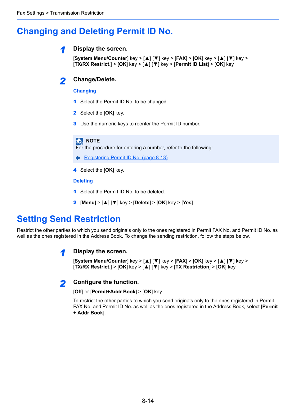 Changing and deleting permit id no, Setting send restriction | TA Triumph-Adler P-C3065 MFP User Manual | Page 151 / 184