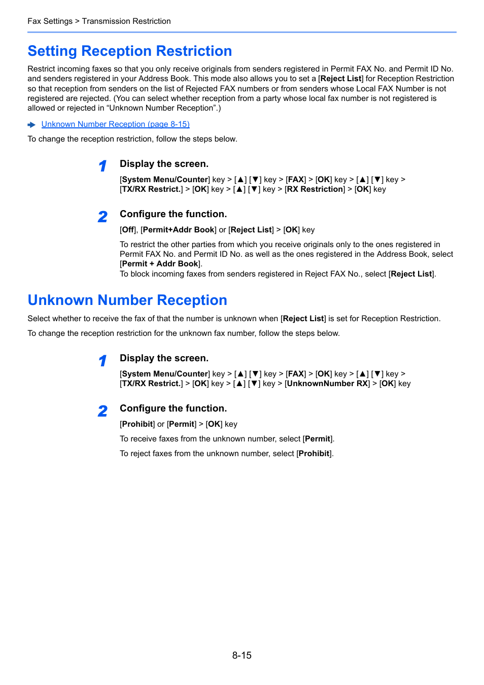 Setting reception restriction, Unknown number reception | TA Triumph-Adler P-C3065 MFP User Manual | Page 152 / 184