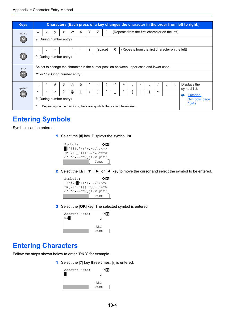 Entering symbols, Entering characters, Entering symbols -4 entering characters -4 | TA Triumph-Adler P-C3065 MFP User Manual | Page 170 / 184