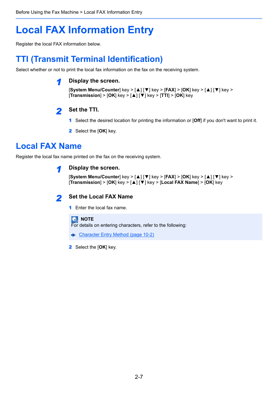 Local fax information entry, Tti (transmit terminal identification), Local fax name | Local fax information entry -7 | TA Triumph-Adler P-C3065 MFP User Manual | Page 20 / 184