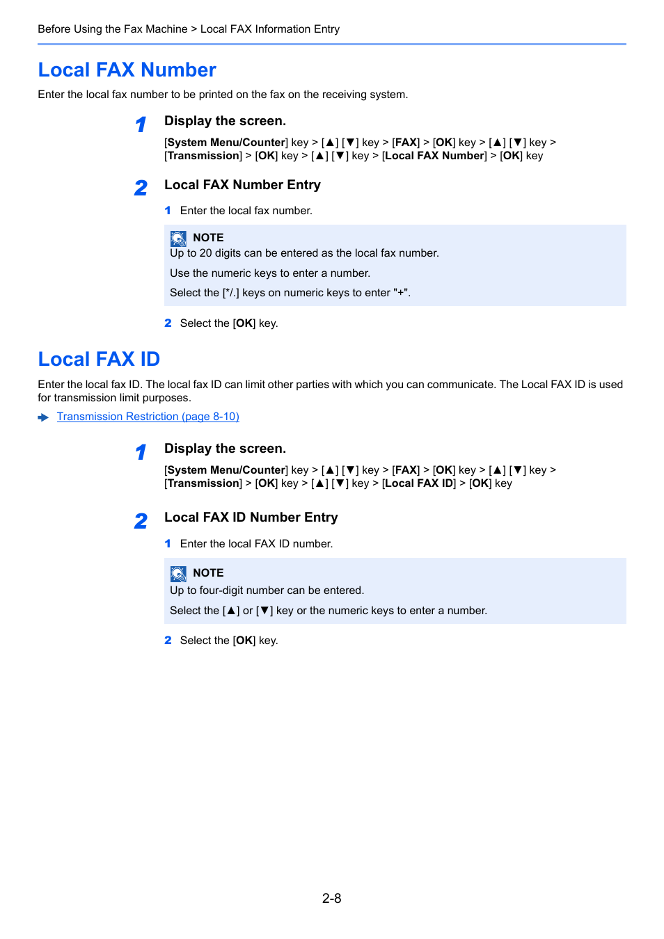 Local fax number, Local fax id, Local fax number -8 local fax id -8 | TA Triumph-Adler P-C3065 MFP User Manual | Page 21 / 184