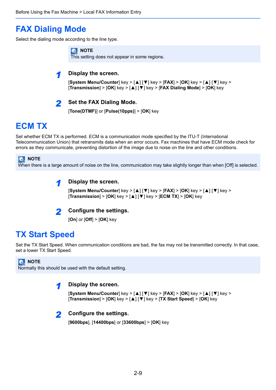 Fax dialing mode, Ecm tx, Tx start speed | Fax dialing mode -9 ecm tx -9 tx start speed -9 | TA Triumph-Adler P-C3065 MFP User Manual | Page 22 / 184