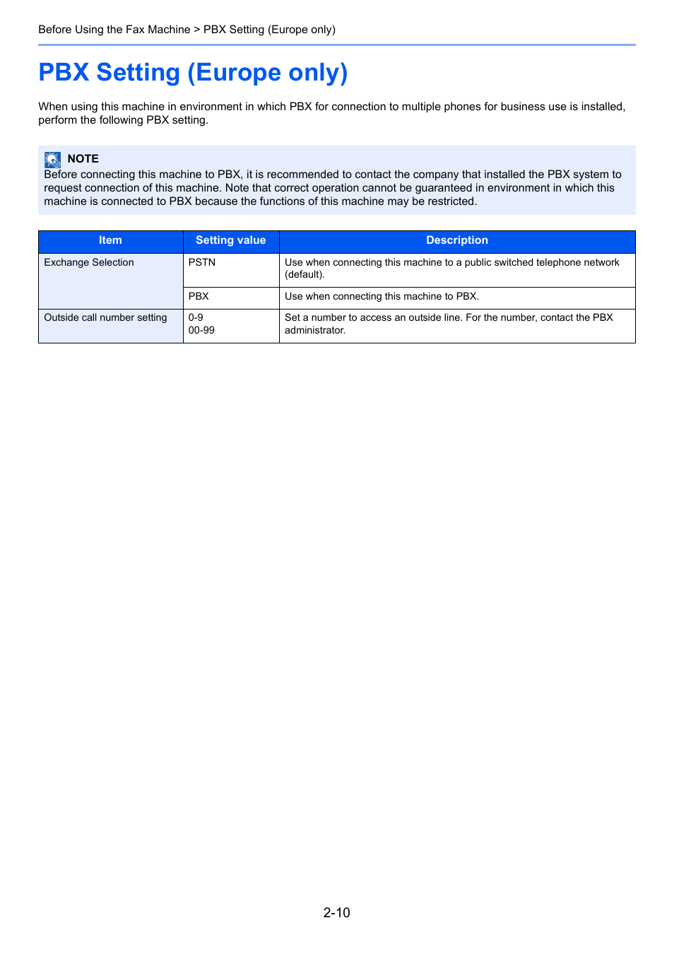 Pbx setting (europe only), Pbx setting (europe only) -10 | TA Triumph-Adler P-C3065 MFP User Manual | Page 23 / 184