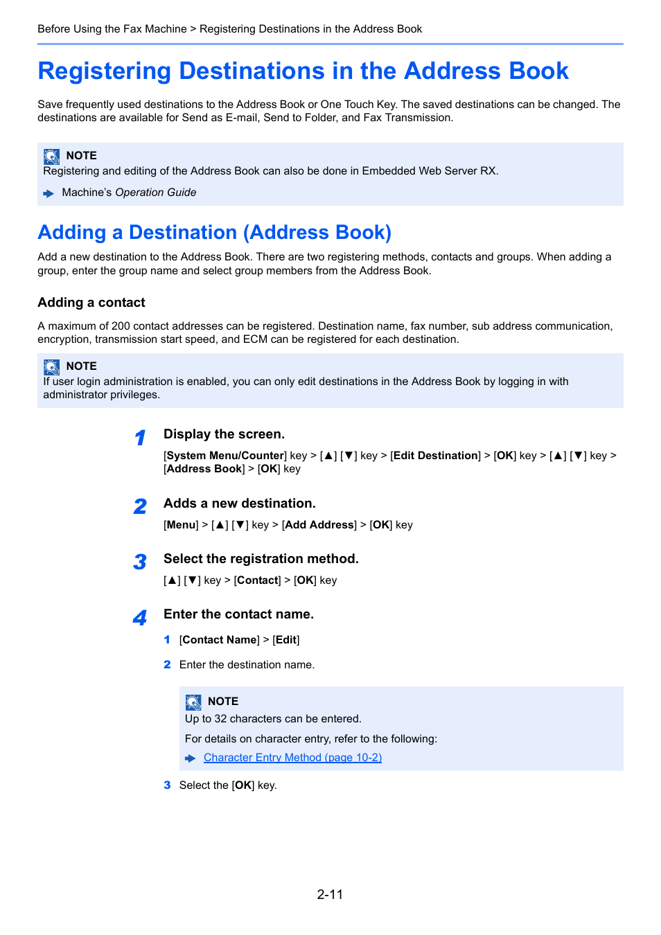 Registering destinations in the address book, Adding a destination (address book), Registering destinations in the address book -11 | Adding a destination (address book) -11 | TA Triumph-Adler P-C3065 MFP User Manual | Page 24 / 184