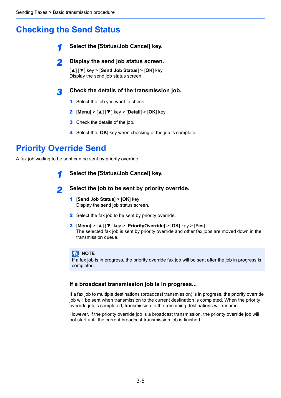 Checking the send status, Priority override send | TA Triumph-Adler P-C3065 MFP User Manual | Page 36 / 184