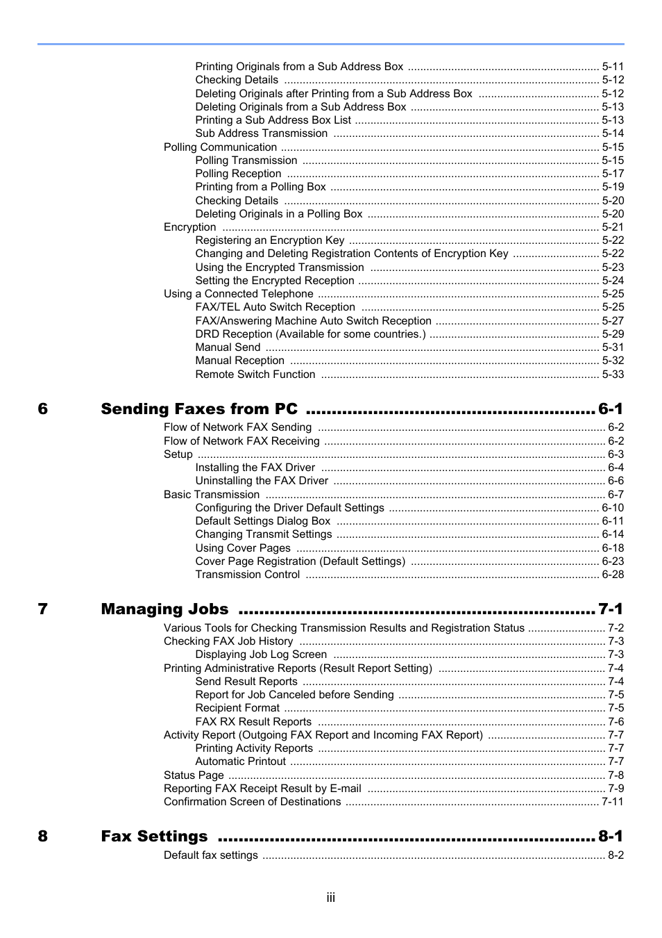 6sending faxes from pc -1, 7managing jobs -1, 8fax settings -1 | TA Triumph-Adler P-C3065 MFP User Manual | Page 4 / 184