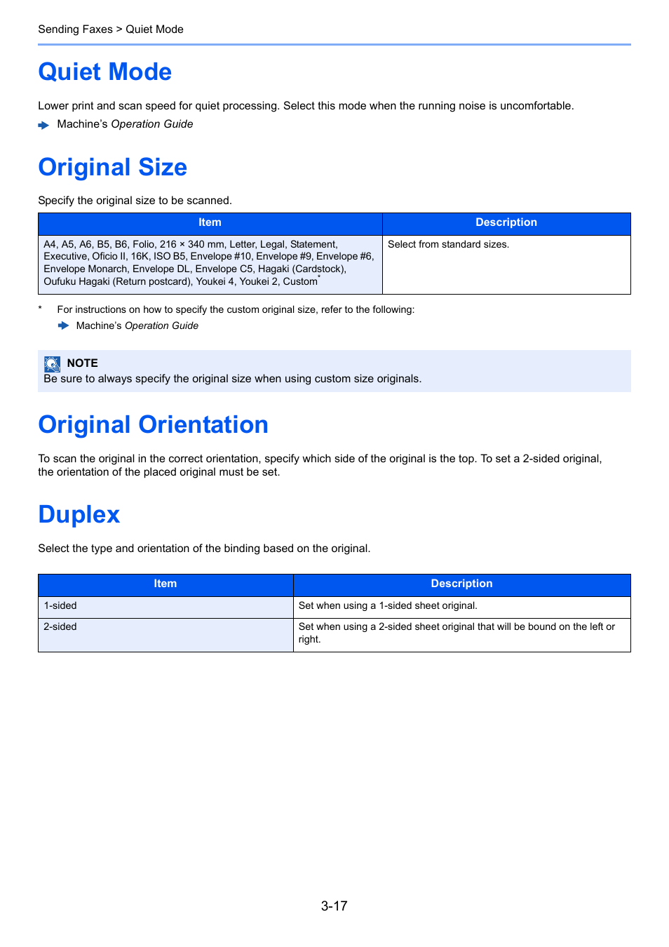 Quiet mode, Original size, Original orientation | Duplex, Quiet mode -17 original size -17, Original orientation -17 duplex -17 | TA Triumph-Adler P-C3065 MFP User Manual | Page 48 / 184