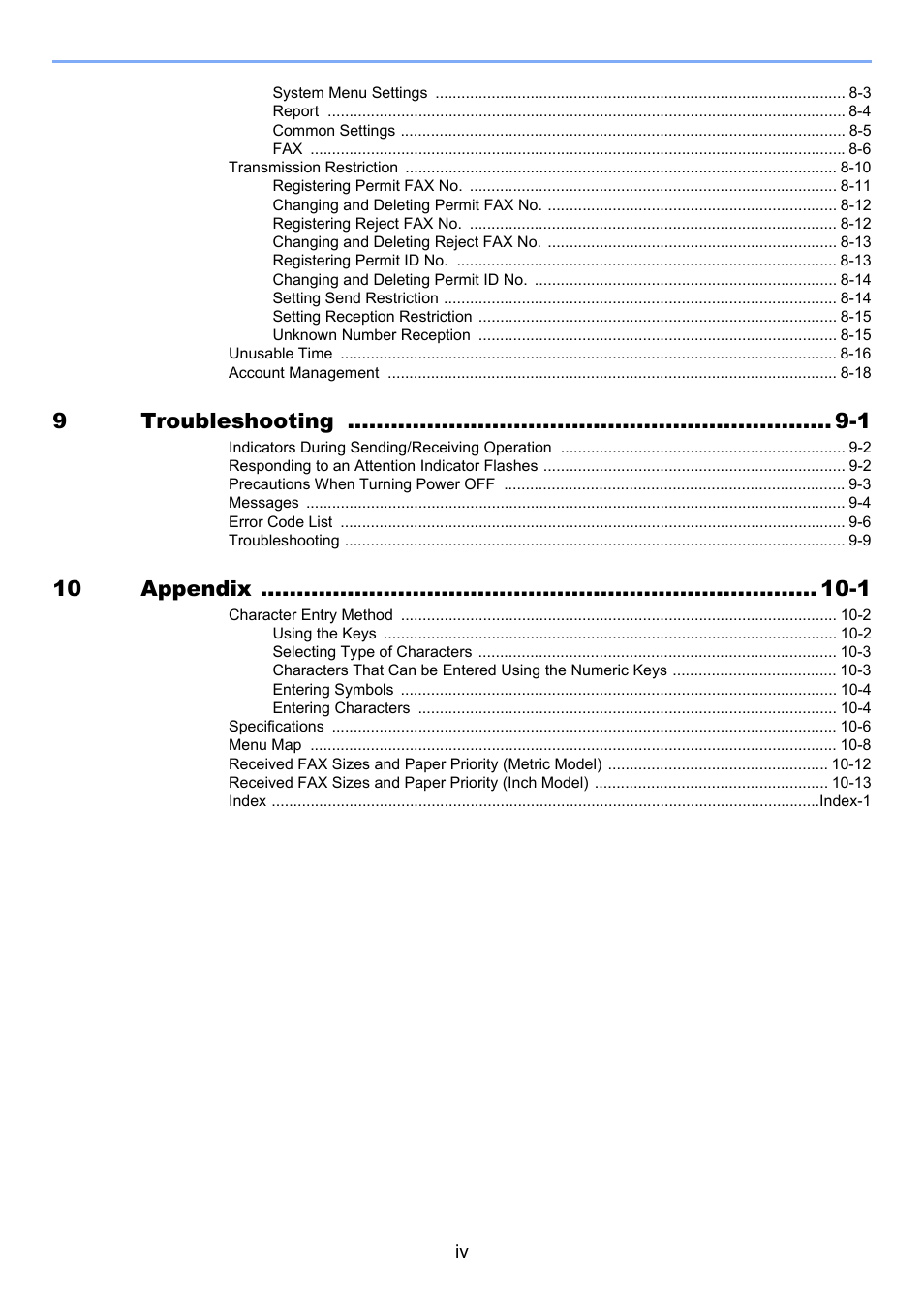 9troubleshooting -1, 10 appendix -1 | TA Triumph-Adler P-C3065 MFP User Manual | Page 5 / 184