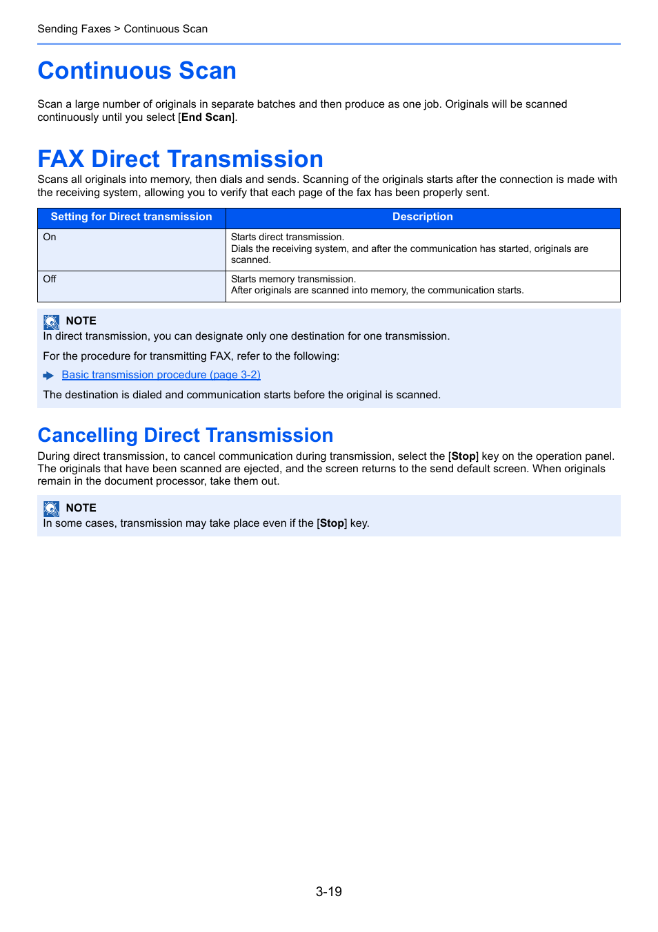 Continuous scan, Fax direct transmission, Cancelling direct transmission | Continuous scan -19 fax direct transmission -19, Cancelling direct transmission -19 | TA Triumph-Adler P-C3065 MFP User Manual | Page 50 / 184