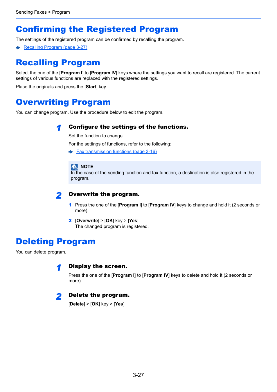 Confirming the registered program, Recalling program, Overwriting program | Deleting program | TA Triumph-Adler P-C3065 MFP User Manual | Page 58 / 184