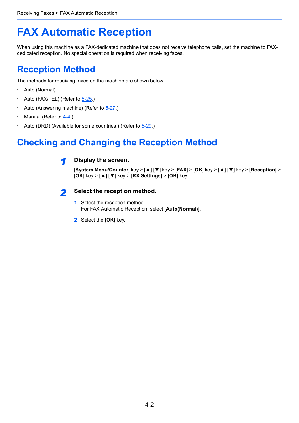 Fax automatic reception, Reception method, Checking and changing the reception method | Fax automatic reception -2 | TA Triumph-Adler P-C3065 MFP User Manual | Page 60 / 184