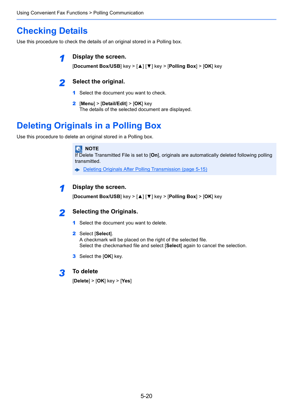 Checking details, Deleting originals in a polling box | TA Triumph-Adler P-C3065 MFP User Manual | Page 85 / 184