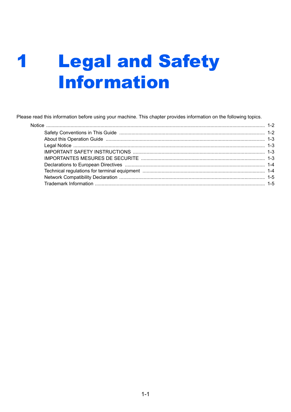 1 legal and safety information, Legal and safety information -1, Legal and safety information | 1legal and safety information | TA Triumph-Adler P-C3065 MFP User Manual | Page 9 / 184