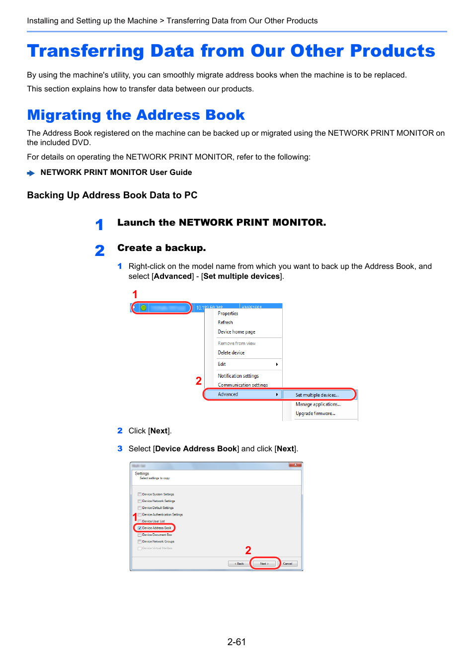 Transferring data from our other products, Migrating the address book, Transferring data from our other products -61 | Migrating the address book -61, Transferring data from our other, Products -61 | TA Triumph-Adler P-C3560i MFP User Manual | Page 108 / 432