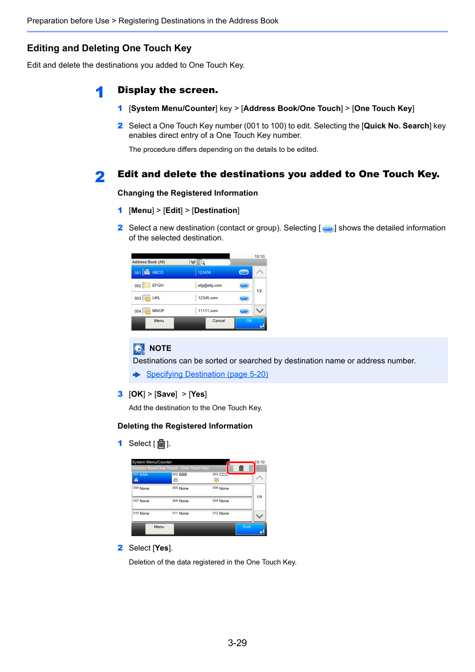 Editing and deleting one touch key, Display the screen, Deleting the registered information 1 select | 2 select [ yes | TA Triumph-Adler P-C3560i MFP User Manual | Page 140 / 432