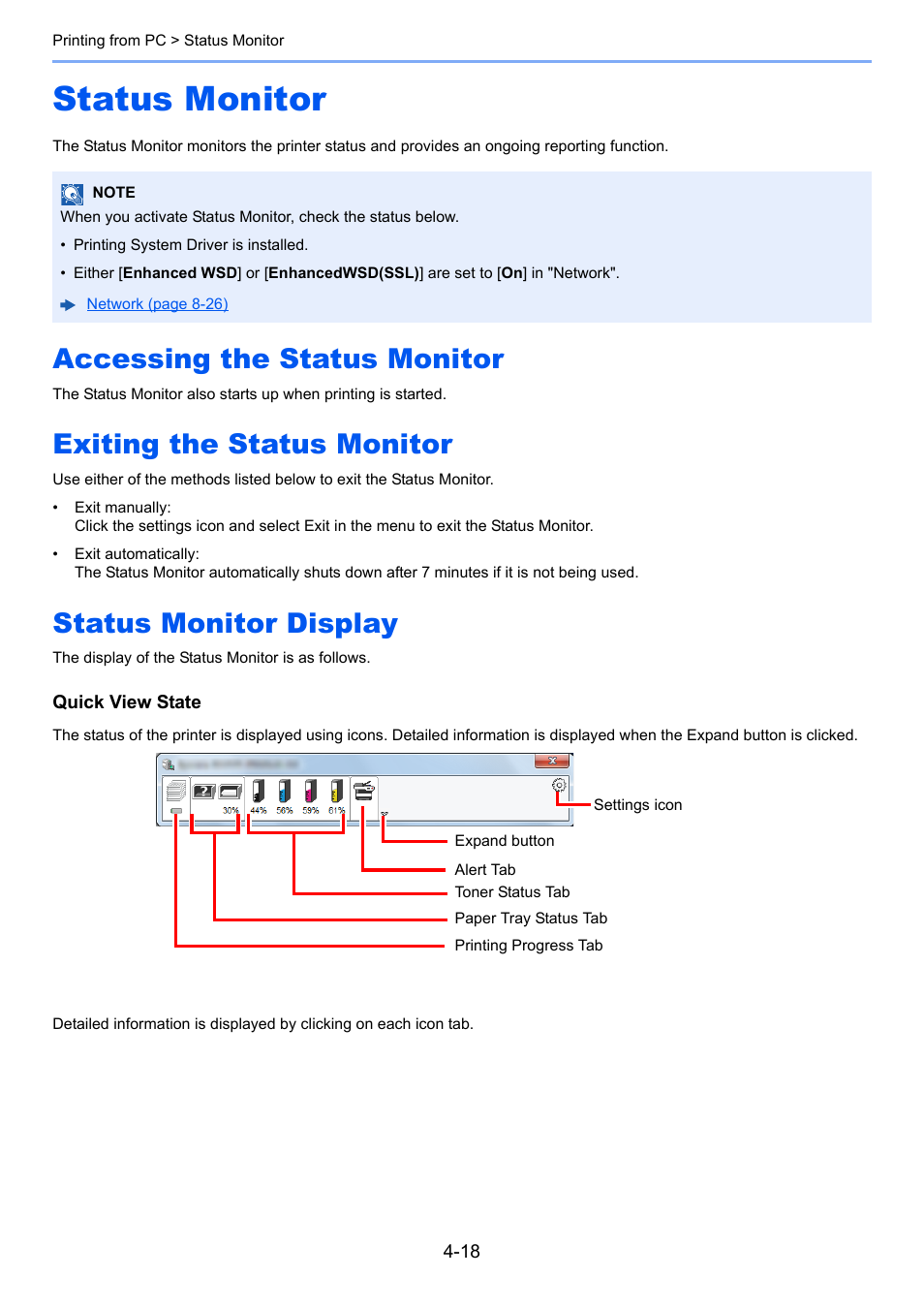 Status monitor, Accessing the status monitor, Exiting the status monitor | Status monitor display, Status monitor -18 | TA Triumph-Adler P-C3560i MFP User Manual | Page 158 / 432