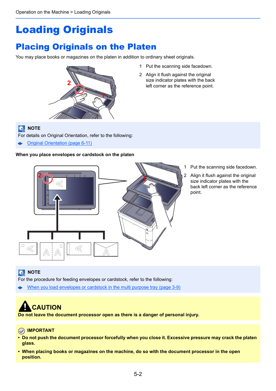 Loading originals, Placing originals on the platen, Loading originals -2 | Placing originals on the platen -2, Caution | TA Triumph-Adler P-C3560i MFP User Manual | Page 163 / 432