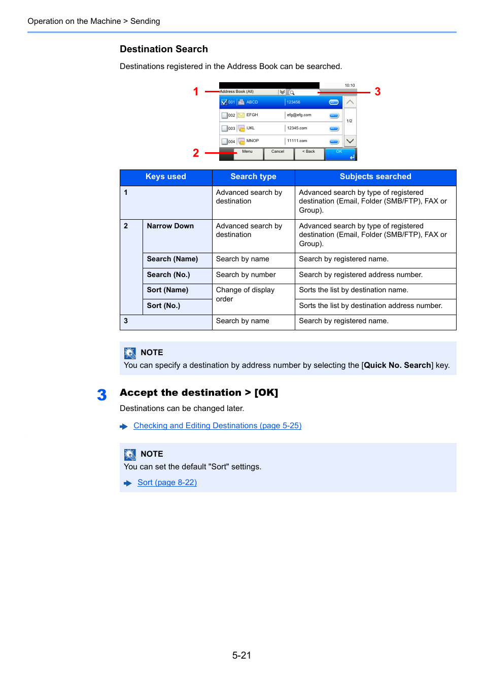 Destination search, Accept the destination > [ok | TA Triumph-Adler P-C3560i MFP User Manual | Page 182 / 432