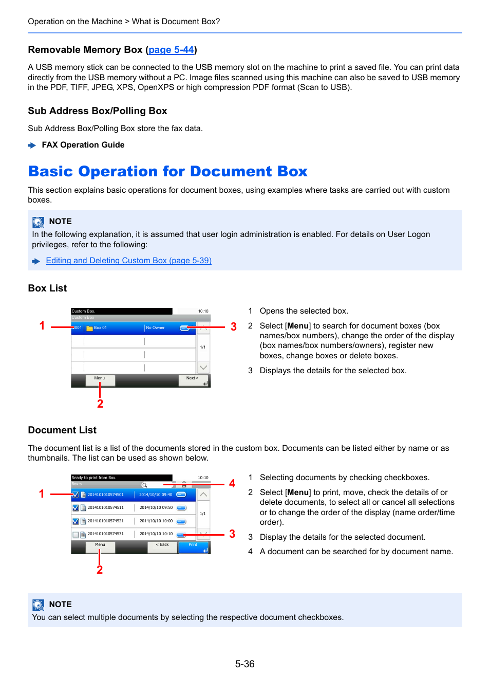 Basic operation for document box, Basic operation for document box -36, Sub address box/polling box | Box list document list | TA Triumph-Adler P-C3560i MFP User Manual | Page 197 / 432