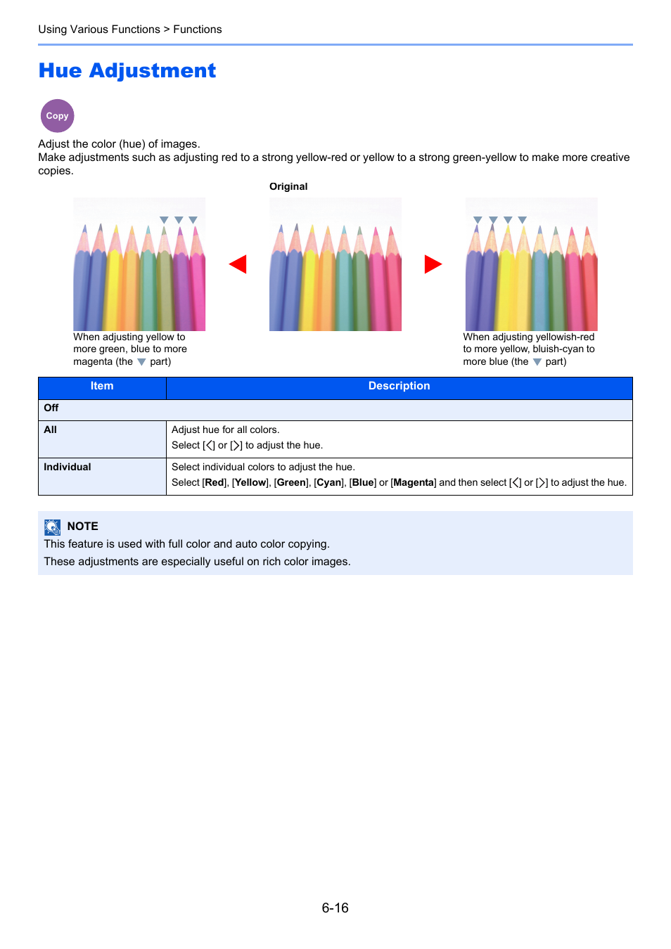 Hue adjustment, Hue adjustment -16, Adjust the color (hue) of images | TA Triumph-Adler P-C3560i MFP User Manual | Page 226 / 432