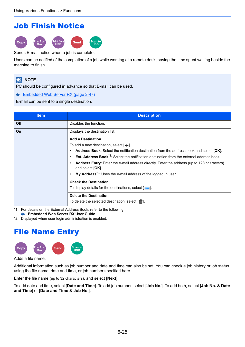 Job finish notice, File name entry, Job finish notice -25 file name entry -25 | Entry, Sends e-mail notice when a job is complete, Adds a file name | TA Triumph-Adler P-C3560i MFP User Manual | Page 235 / 432