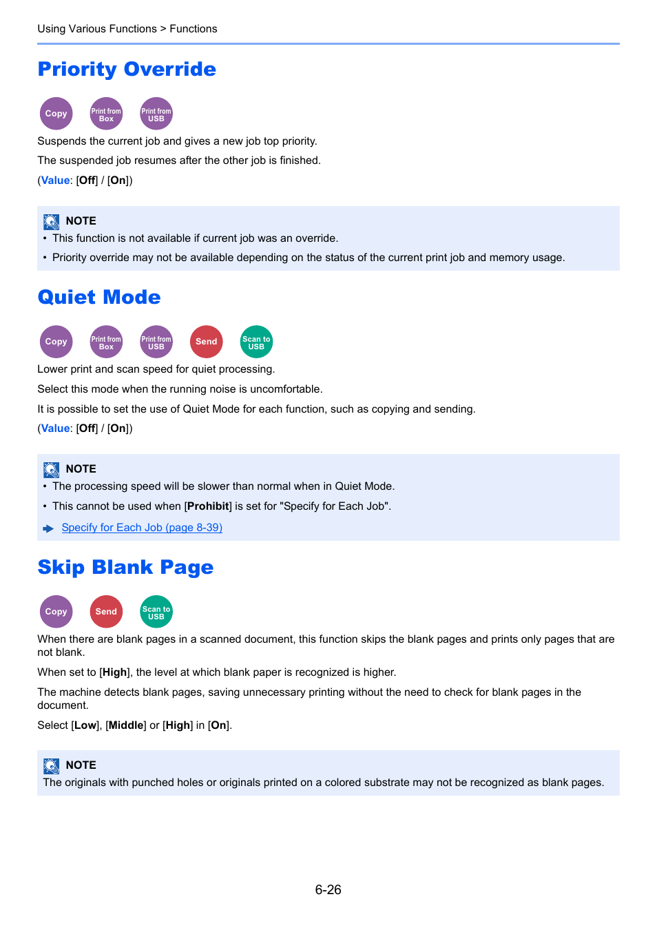 Priority override, Quiet mode, Lower print and scan speed for quiet processing | Skip blank page | TA Triumph-Adler P-C3560i MFP User Manual | Page 236 / 432