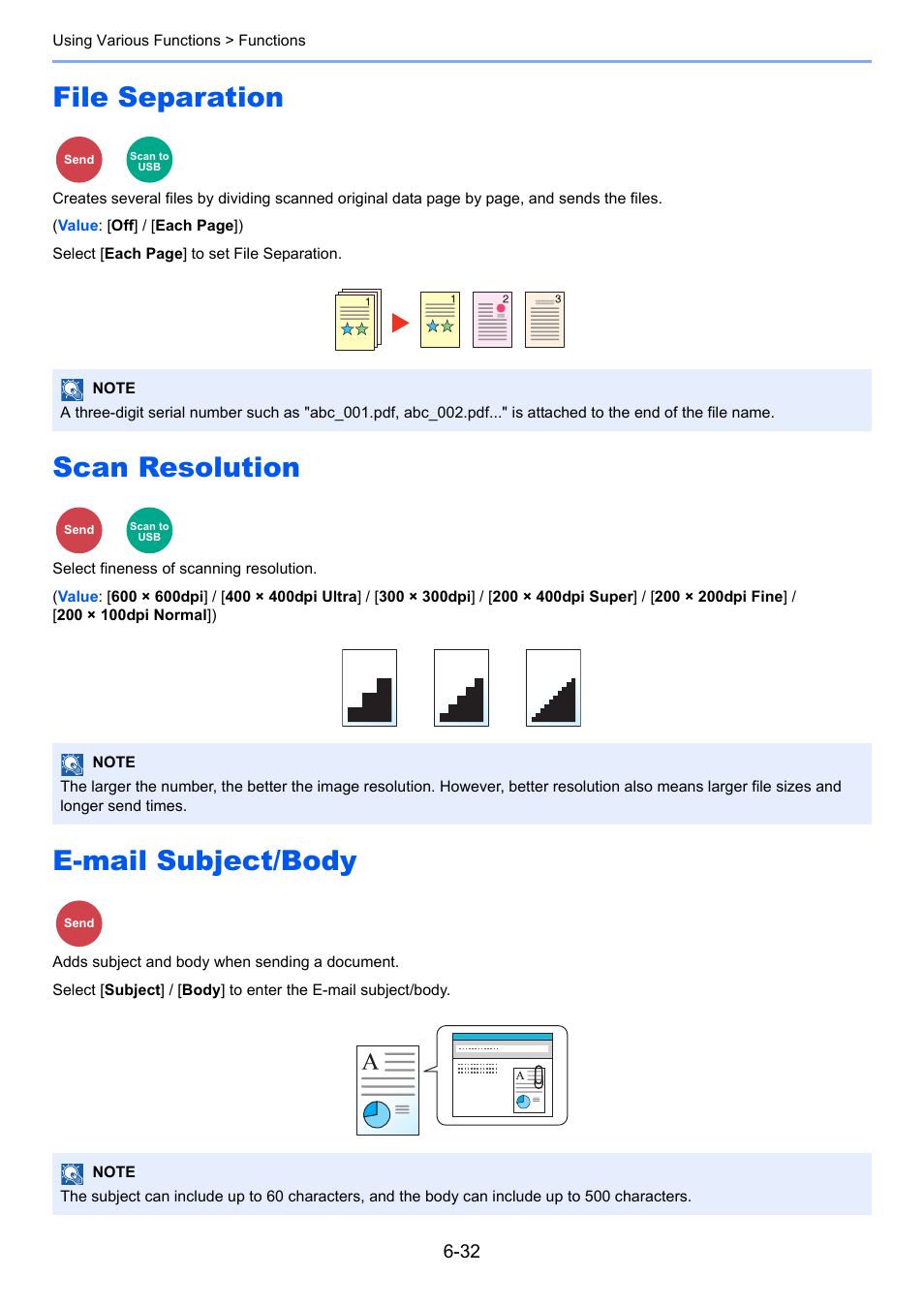 File separation, Scan resolution, E-mail subject/body | T/body, Select fineness of scanning resolution, Adds subject and body when sending a document | TA Triumph-Adler P-C3560i MFP User Manual | Page 242 / 432