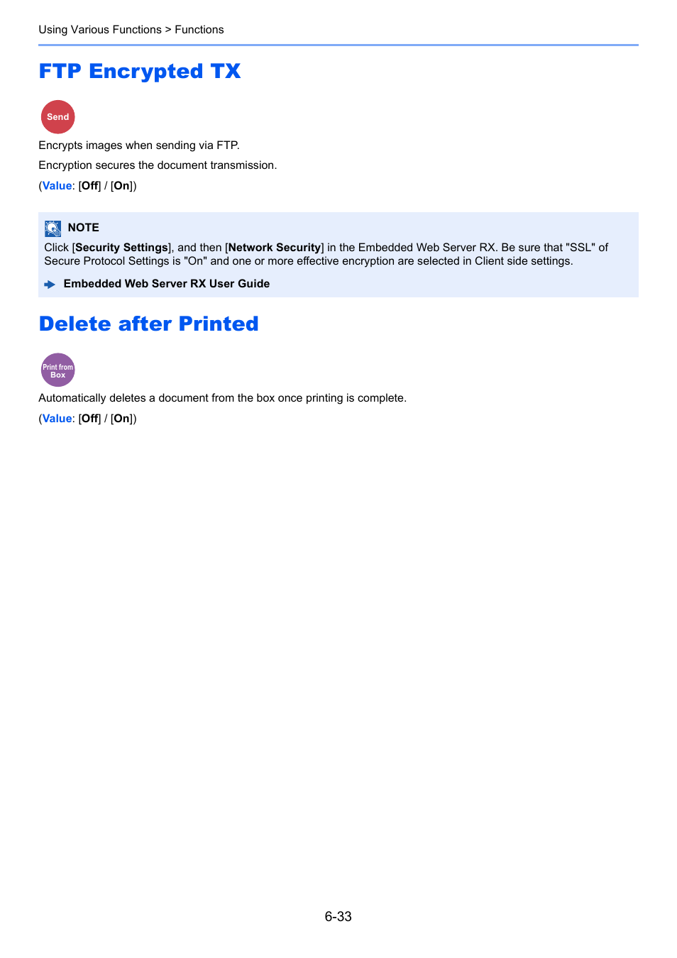 Ftp encrypted tx, Delete after printed, Ftp encrypted tx -33 delete after printed -33 | Rypted tx, Print, Encrypts images when sending via ftp | TA Triumph-Adler P-C3560i MFP User Manual | Page 243 / 432