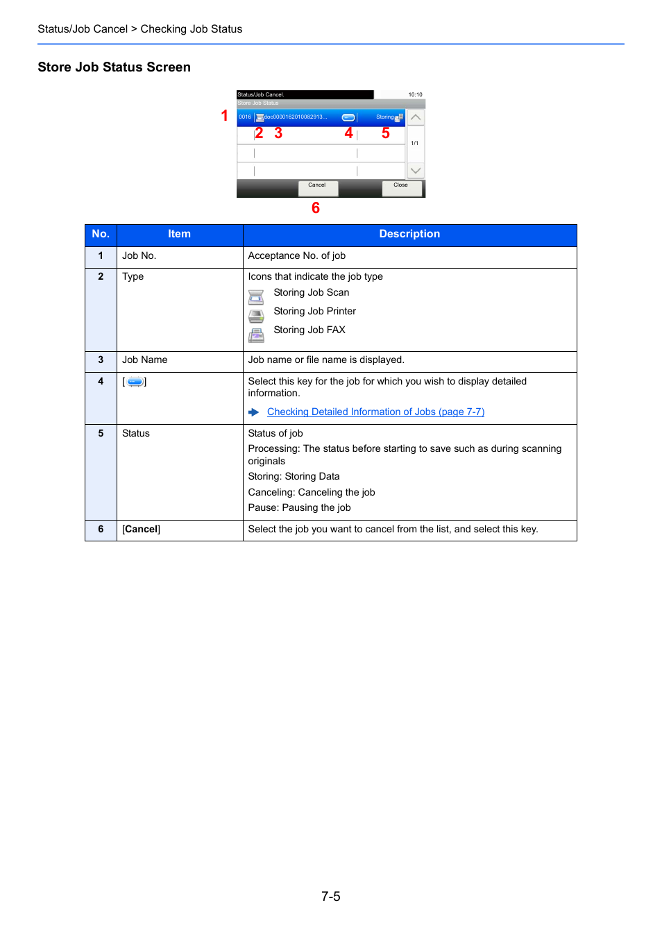 Atus, Store job status screen | TA Triumph-Adler P-C3560i MFP User Manual | Page 250 / 432