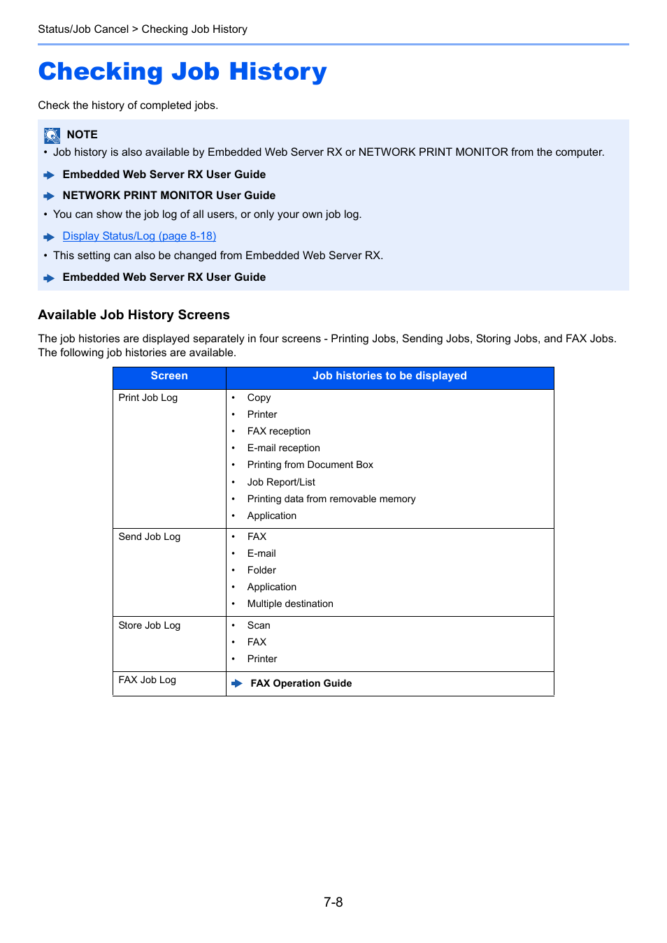 Checking job history, Checking job history -8, Atus | B log, Available job history screens | TA Triumph-Adler P-C3560i MFP User Manual | Page 253 / 432