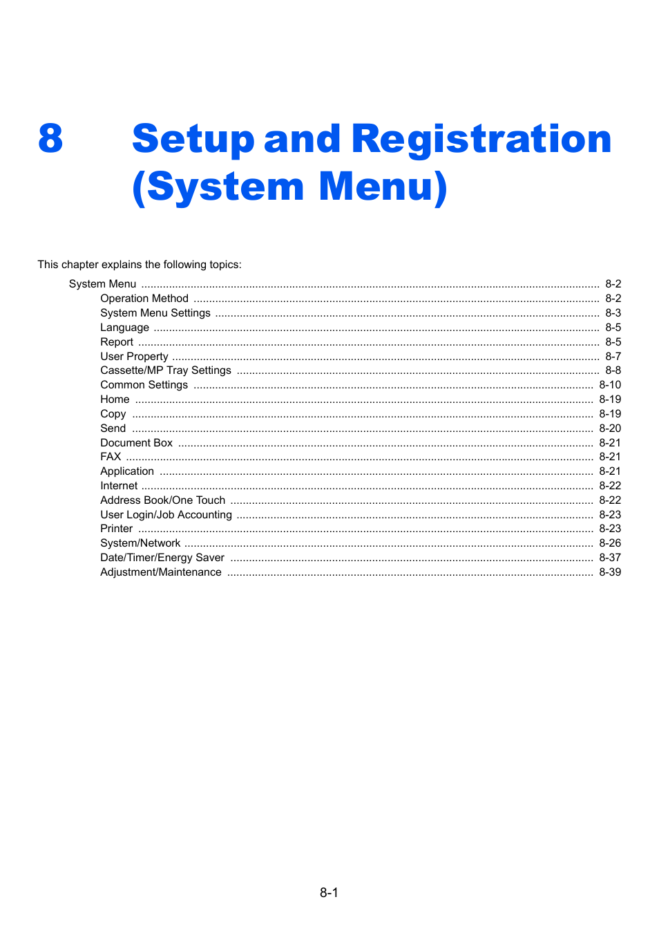 8 setup and registration (system menu), Setup and registration (system menu) -1, Setup and registration (system menu) | 8setup and registration (system menu) | TA Triumph-Adler P-C3560i MFP User Manual | Page 258 / 432