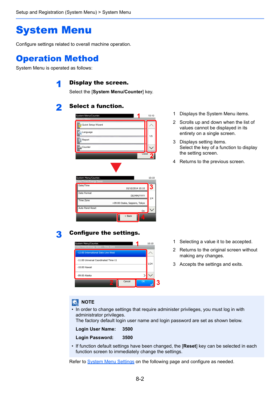 System menu, Operation method, System menu -2 | Operation method -2, Display the screen, Select a function, Configure the settings | TA Triumph-Adler P-C3560i MFP User Manual | Page 259 / 432