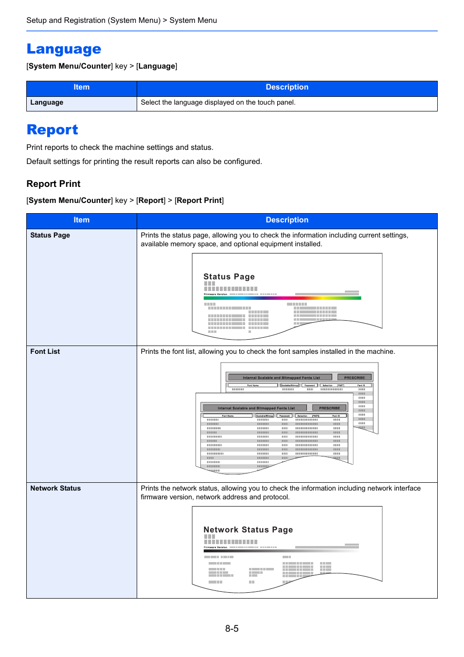 Language, Report, Language -5 | Report -5, Language -5 report -5, Select the language displayed on the touch panel | TA Triumph-Adler P-C3560i MFP User Manual | Page 262 / 432