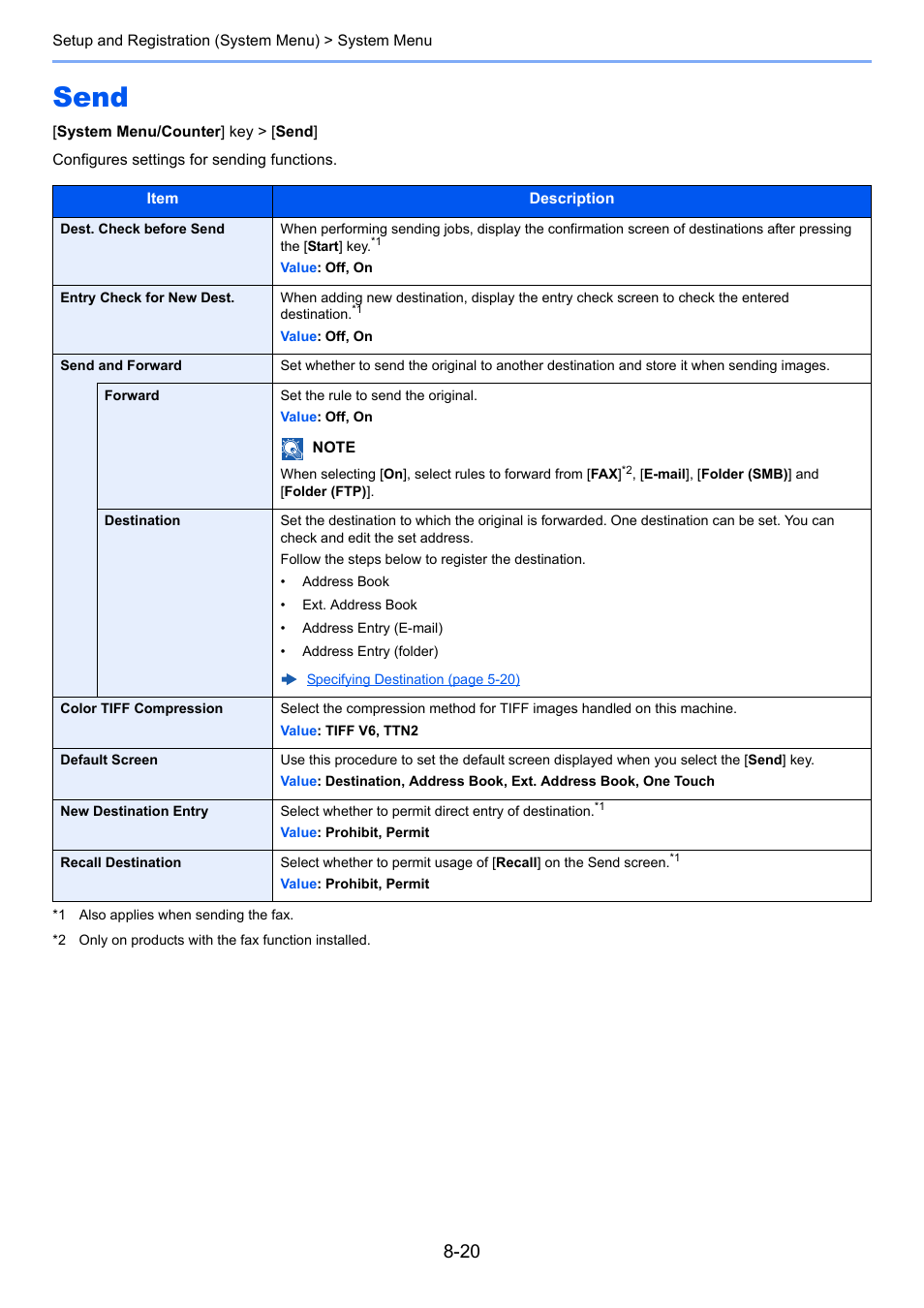 Send, Send -20, Configures settings for sending functions | TA Triumph-Adler P-C3560i MFP User Manual | Page 277 / 432