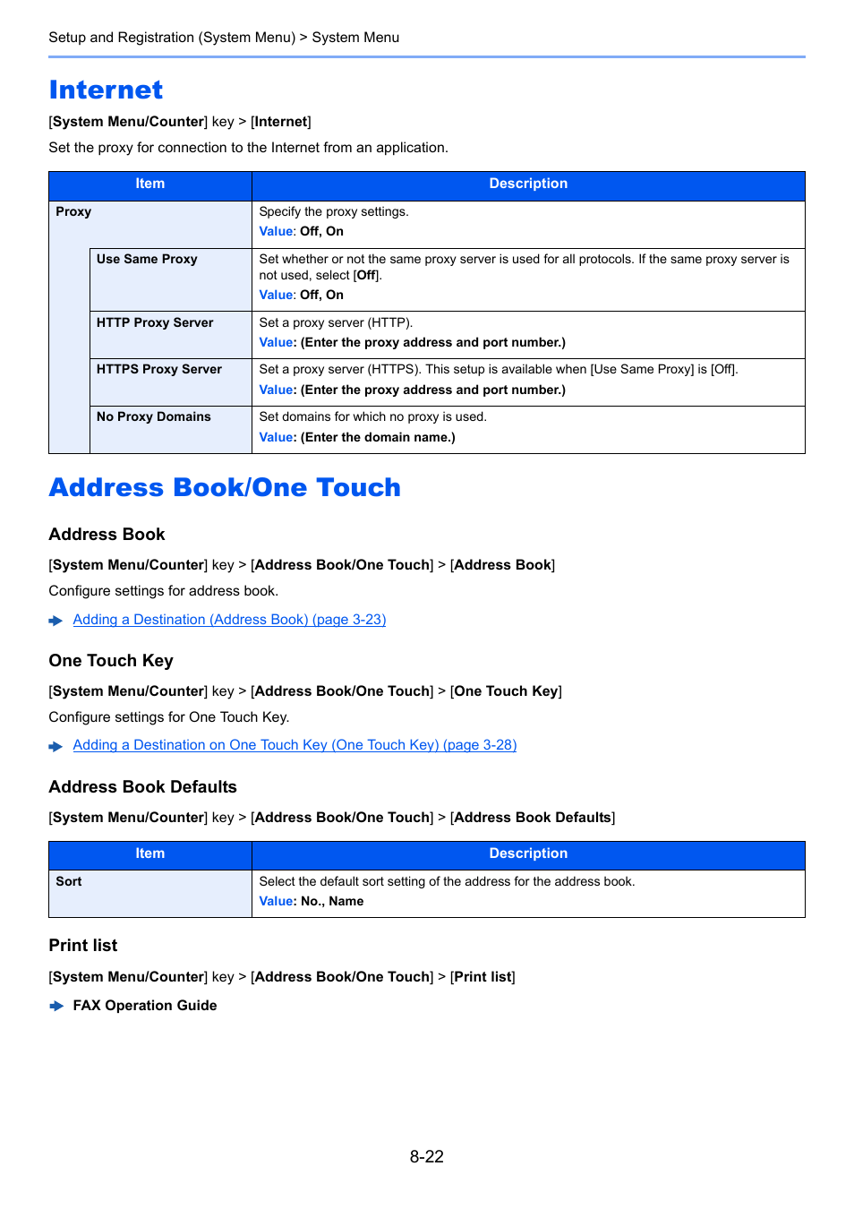 Internet, Address book/one touch, Internet -22 address book/one touch -22 | Address book, One touch key, Address book defaults, Print list | TA Triumph-Adler P-C3560i MFP User Manual | Page 279 / 432