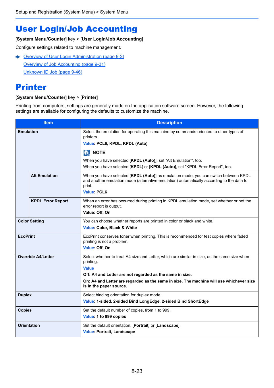 User login/job accounting, Printer, User login/job accounting -23 printer -23 | TA Triumph-Adler P-C3560i MFP User Manual | Page 280 / 432