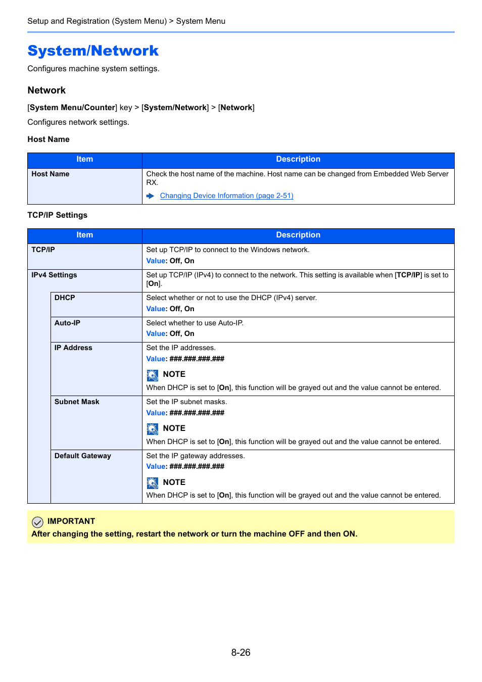 System/network, System/network -26, St name | Network, Configures network settings | TA Triumph-Adler P-C3560i MFP User Manual | Page 283 / 432