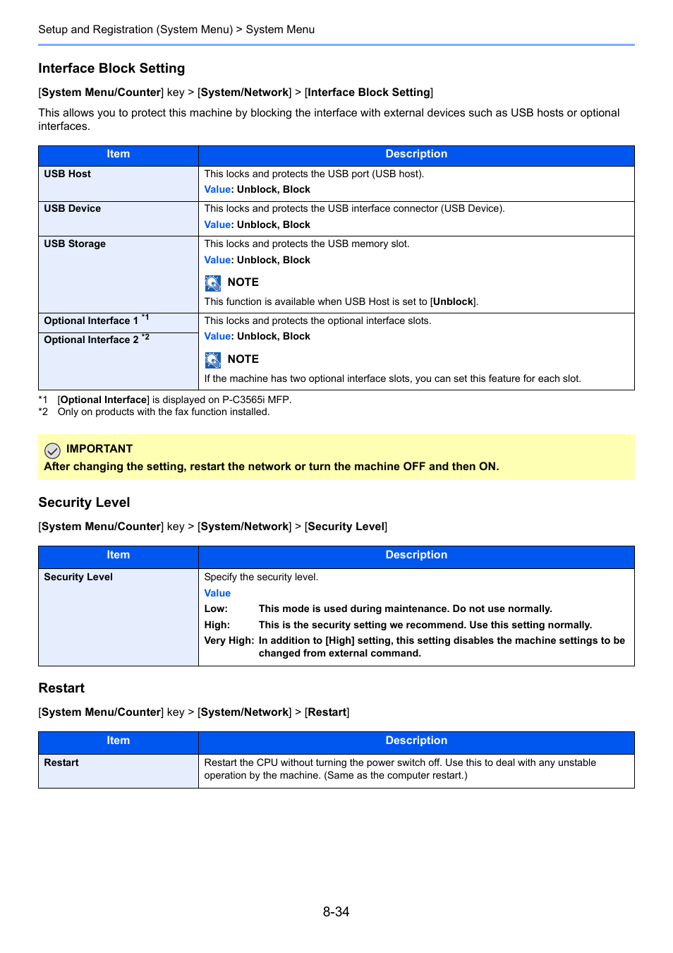 Interface block setting, Security level, Restart | TA Triumph-Adler P-C3560i MFP User Manual | Page 291 / 432