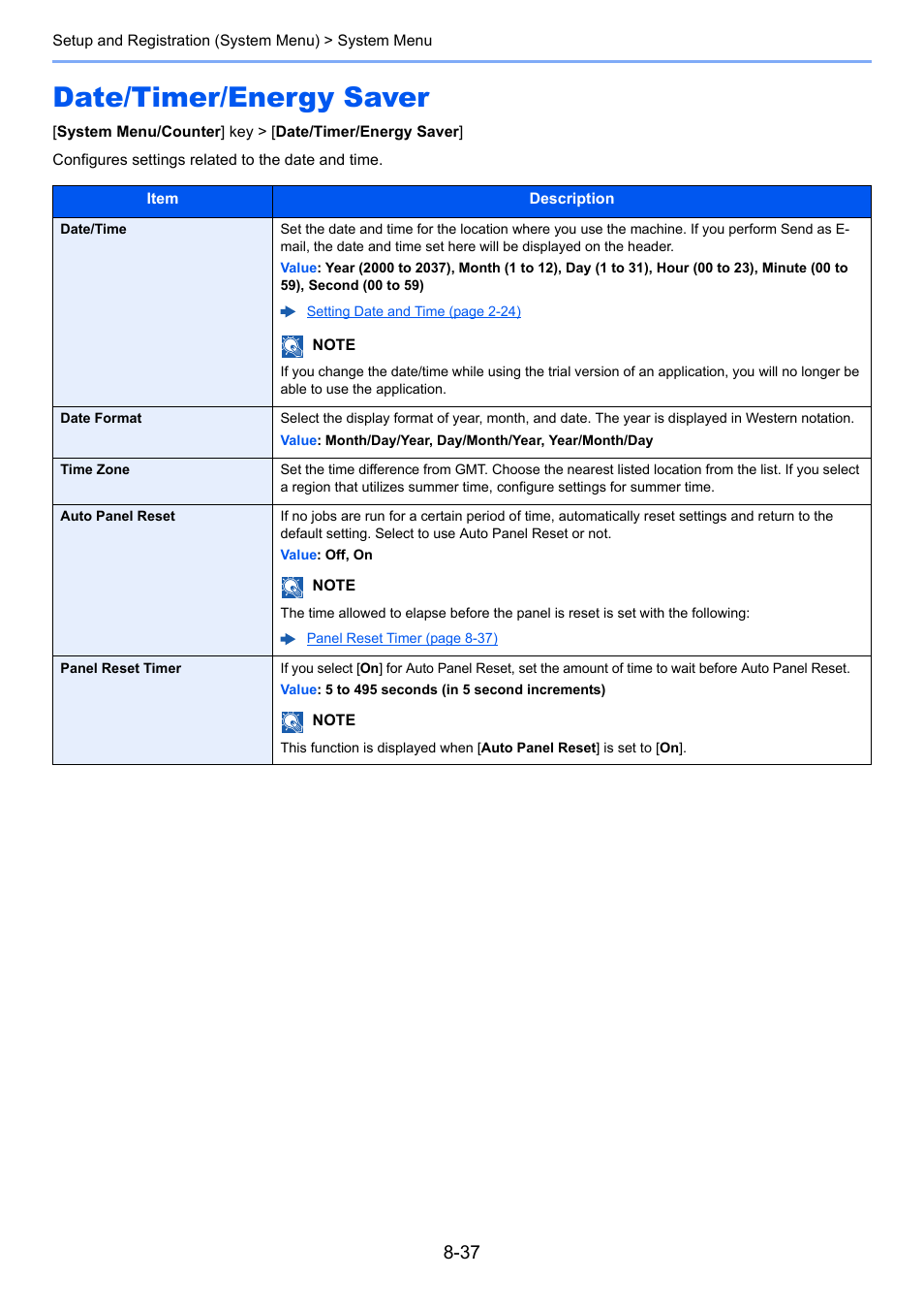 Date/timer/energy saver, Date/timer/energy saver -37, Rmat | Configures settings related to the date and time | TA Triumph-Adler P-C3560i MFP User Manual | Page 294 / 432