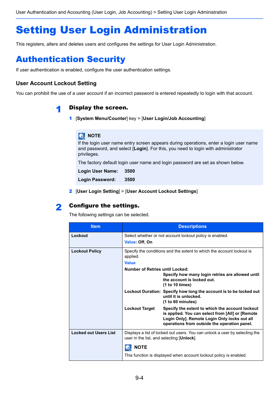 Setting user login administration, Authentication security, Setting user login administration -4 | Authentication security -4 | TA Triumph-Adler P-C3560i MFP User Manual | Page 301 / 432