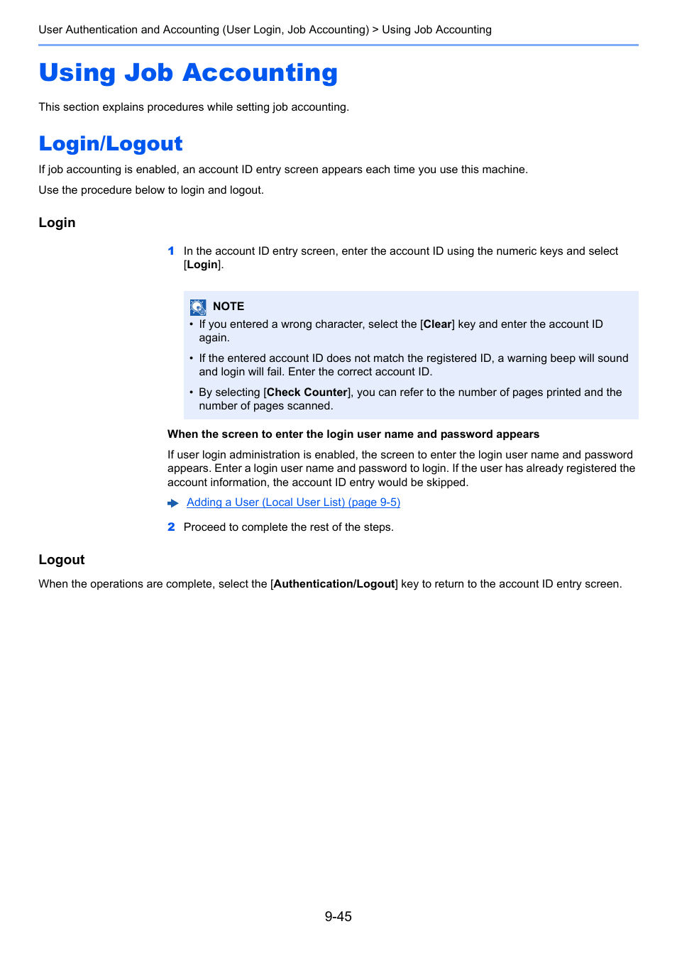 Using job accounting, Login/logout, Using job accounting -45 | Login/logout -45 | TA Triumph-Adler P-C3560i MFP User Manual | Page 342 / 432