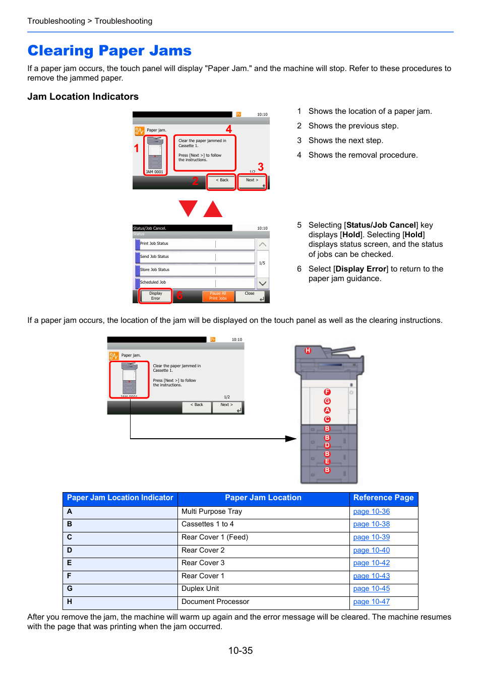Clearing paper jams, Clearing paper jams -35, Jam location indicators | TA Triumph-Adler P-C3560i MFP User Manual | Page 378 / 432